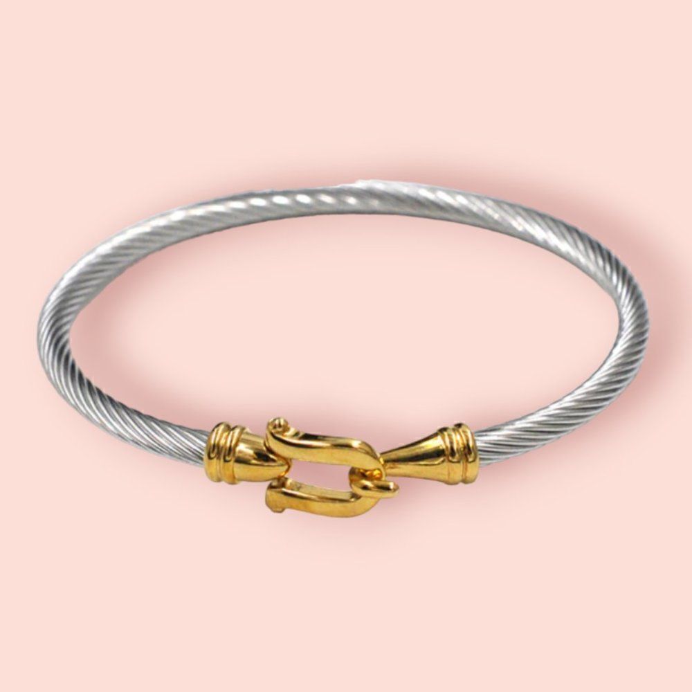 Twisted Cable Bangle Thin Silver Gold Two-Tone